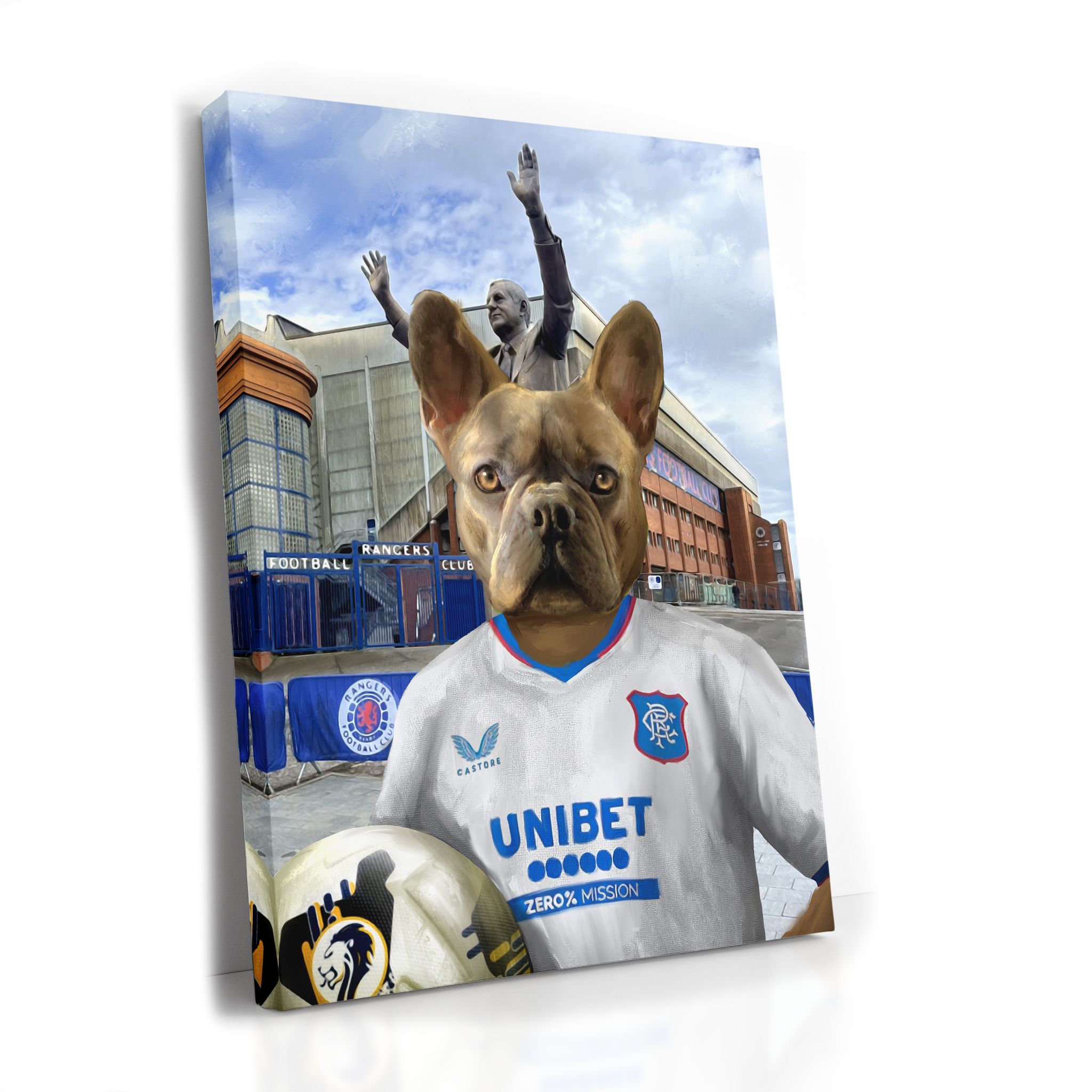 Your Pet in a Rangers Away Shirt in front of Sir Walter Smith Statue