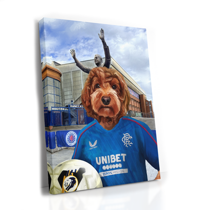 Your Pet in a Rangers Home Shirt in front of Sir Walter Smith Statue