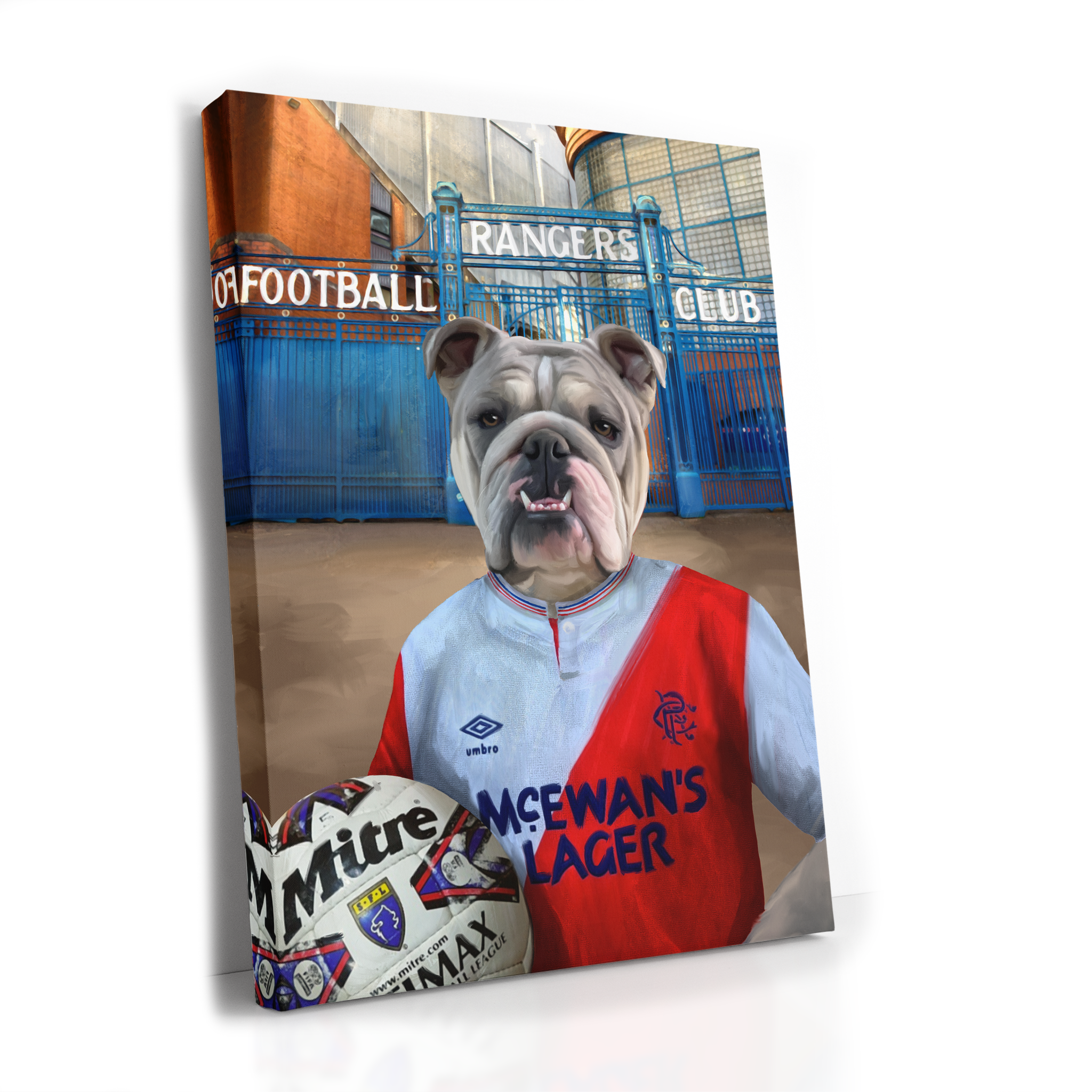 Your Pet in a Rangers 1987-90 Away Shirt outside Rangers Gates