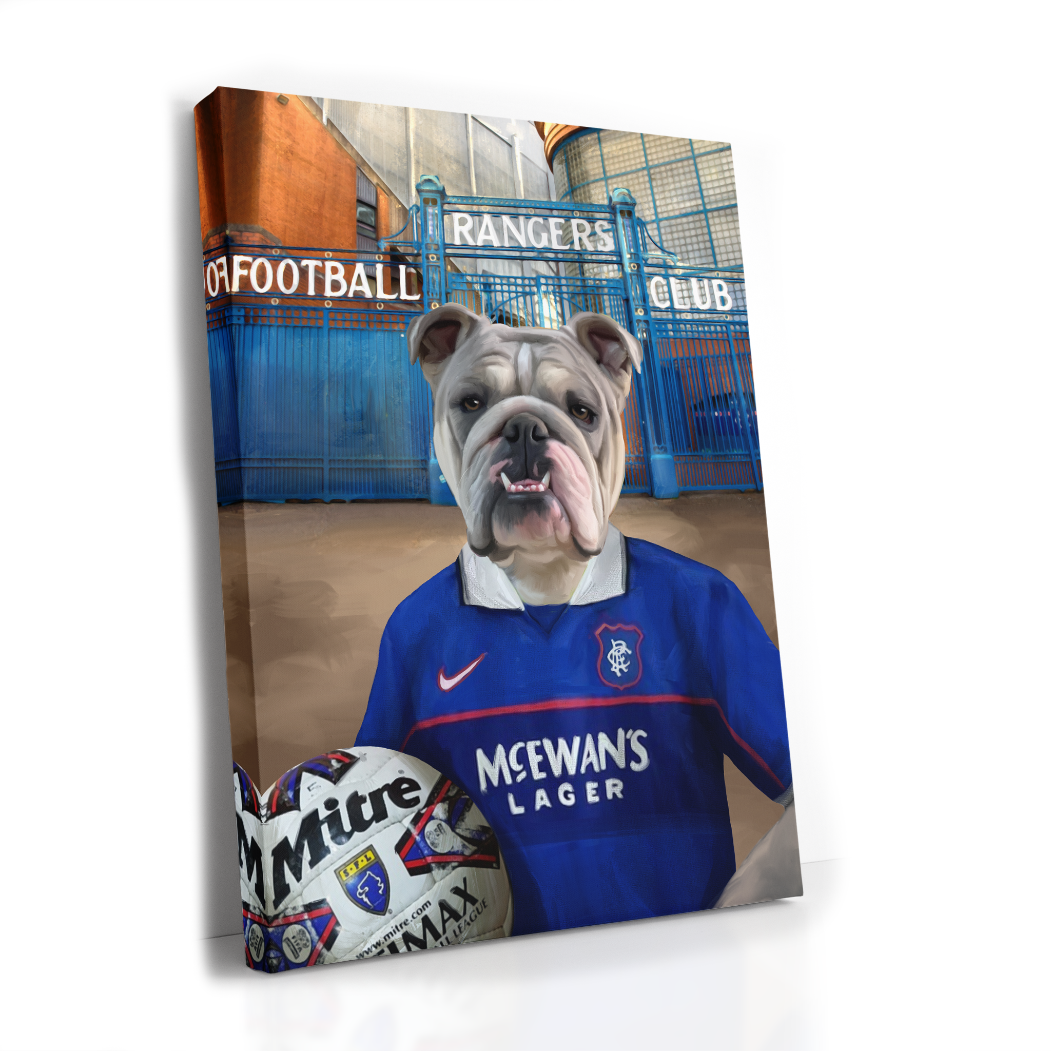 Your Pet in a Rangers 1997-99 Home Shirt outside Rangers Gates