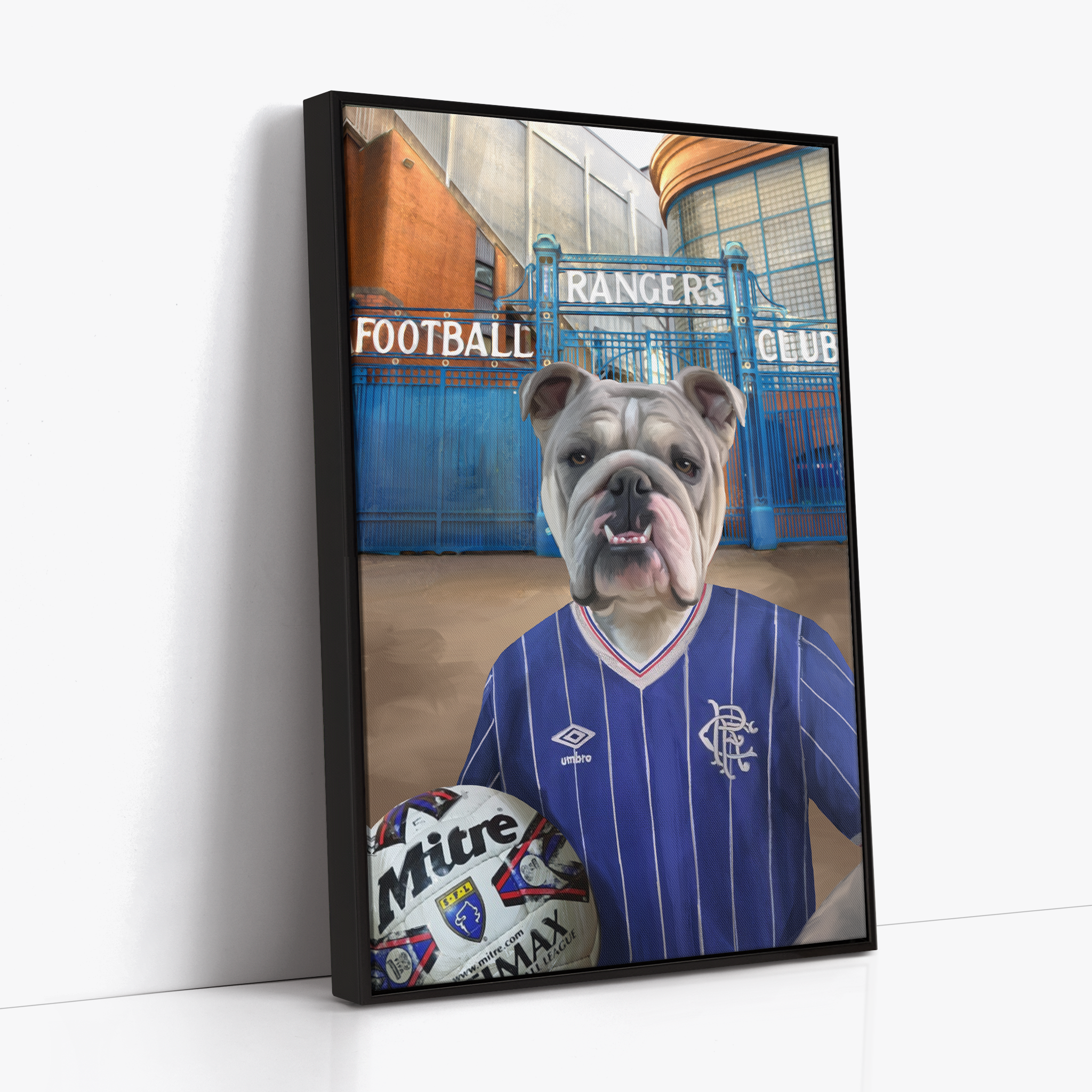 Your Pet in a Rangers 1982-84 Home Shirt outside Rangers Gates