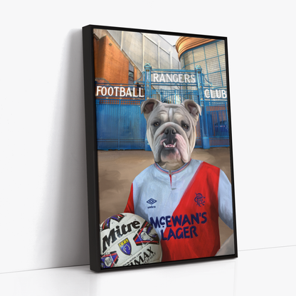 Your Pet in a Rangers 1987-90 Away Shirt outside Rangers Gates