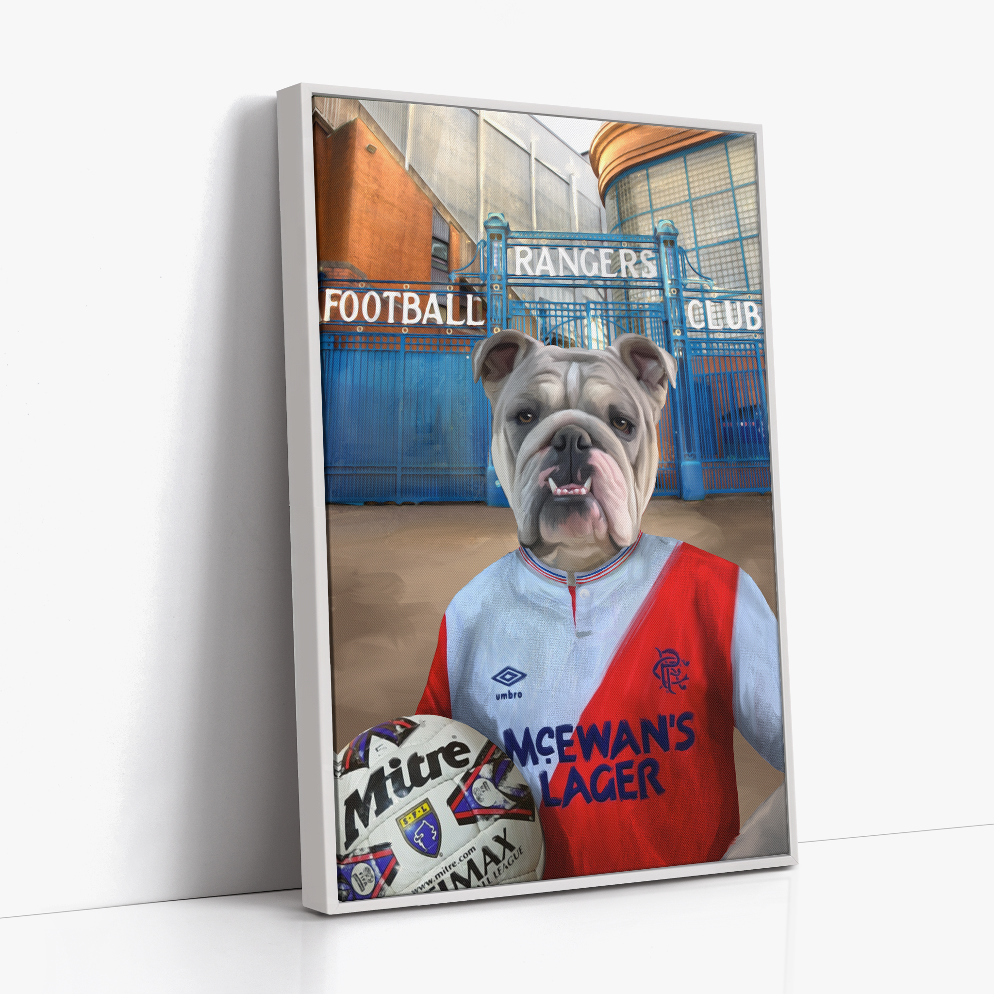 Your Pet in a Rangers 1987-90 Away Shirt outside Rangers Gates