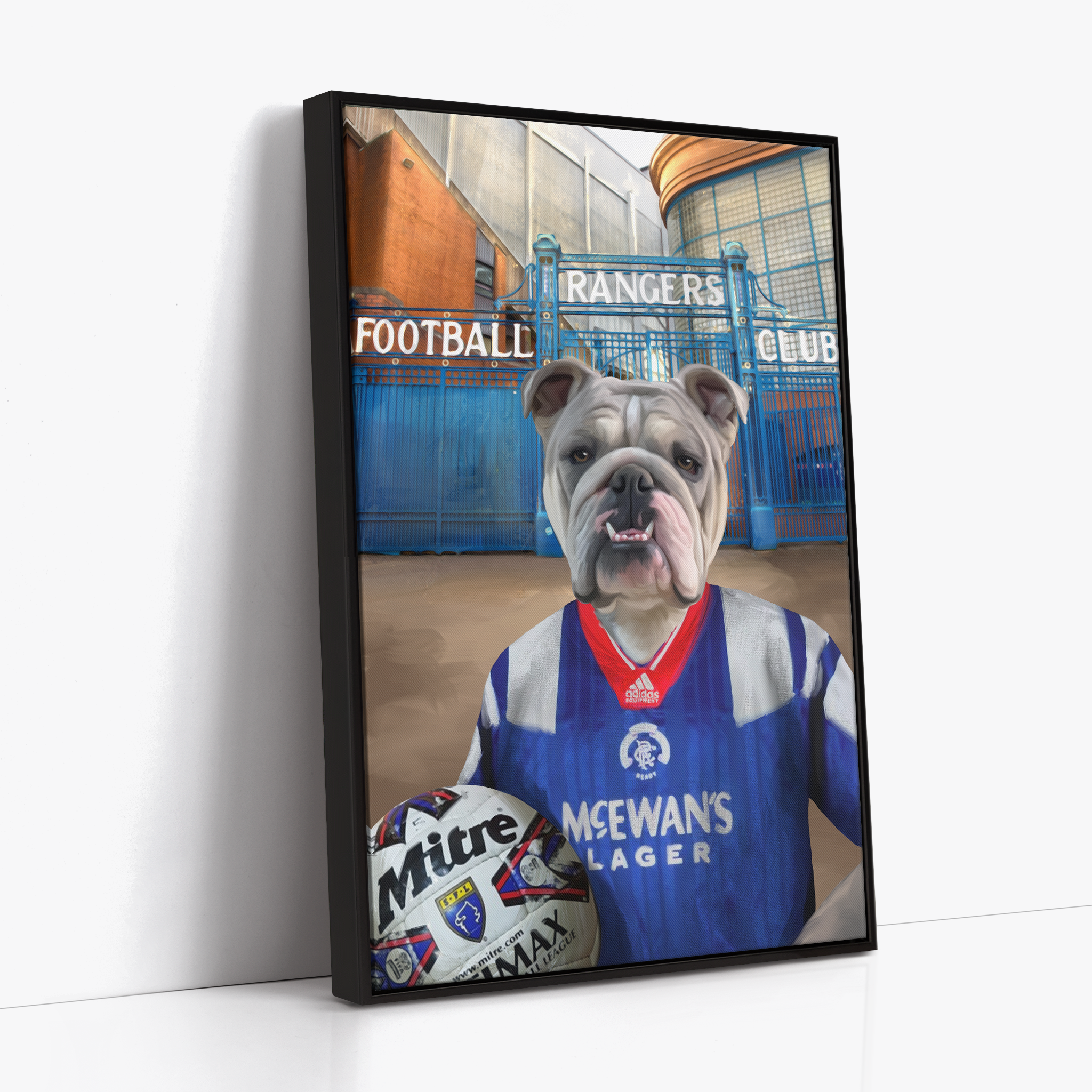 Your Pet in a Rangers 1992-94 Home Shirt outside Rangers Gates