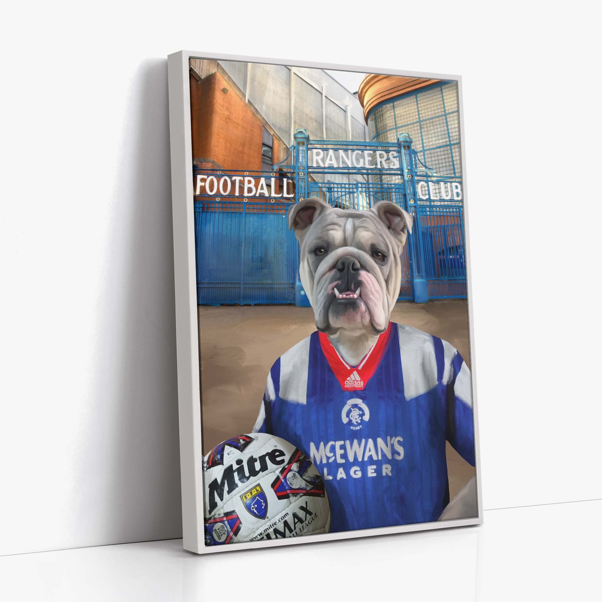 Your Pet in a Rangers 1992-94 Home Shirt outside Rangers Gates