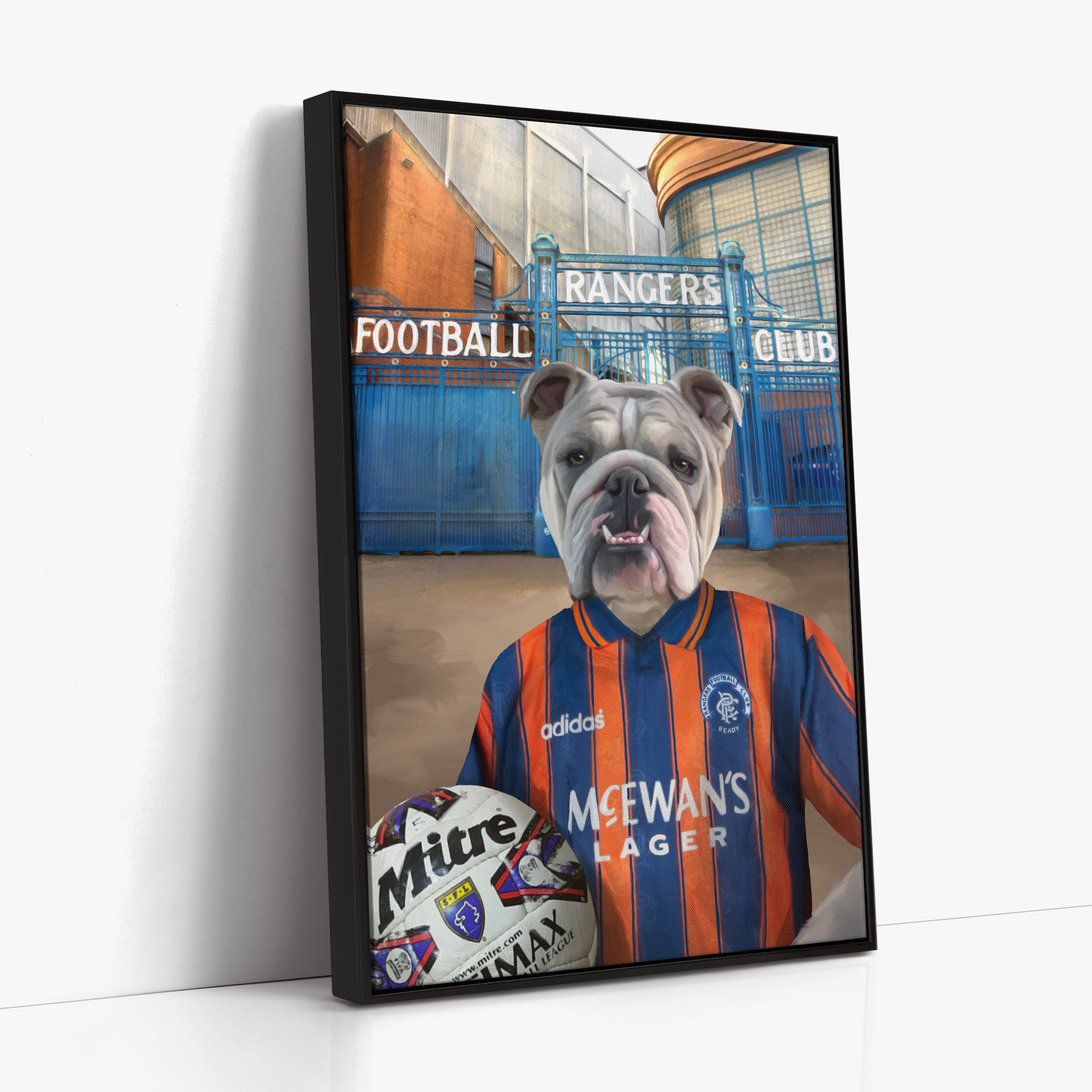 Your Pet in a Rangers 1993-94 Away Shirt outside Rangers Gates