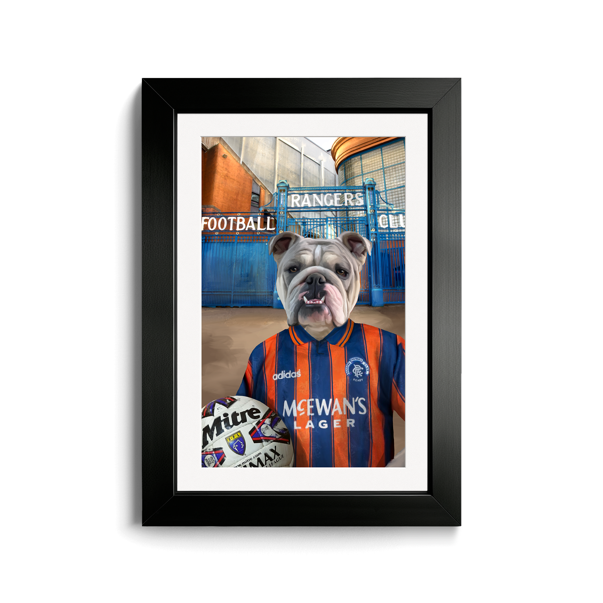 Your Pet in a Rangers 1993-94 Away Shirt outside Rangers Gates