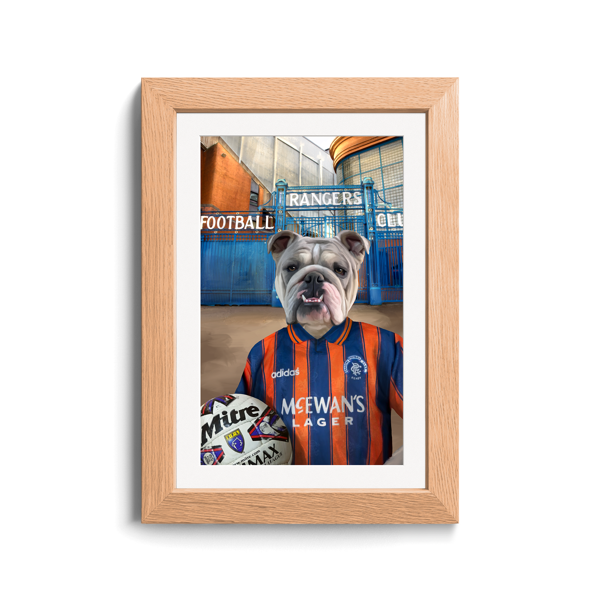 Your Pet in a Rangers 1993-94 Away Shirt outside Rangers Gates