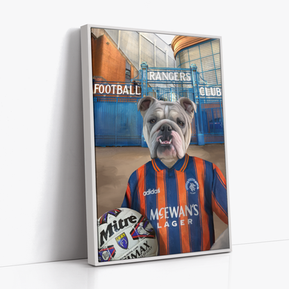 Your Pet in a Rangers 1993-94 Away Shirt outside Rangers Gates