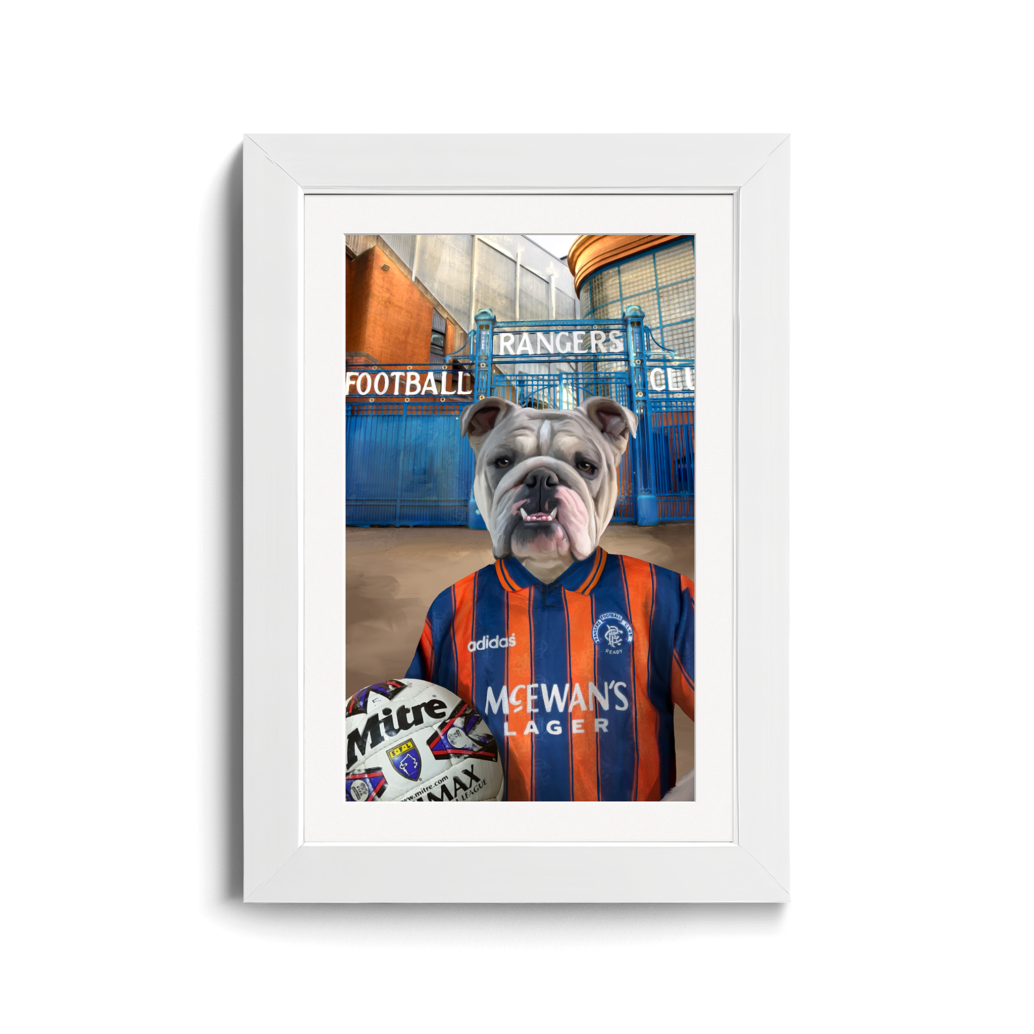 Your Pet in a Rangers 1993-94 Away Shirt outside Rangers Gates