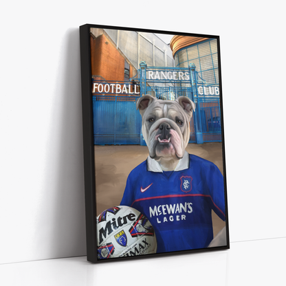 Your Pet in a Rangers 1997-99 Home Shirt outside Rangers Gates