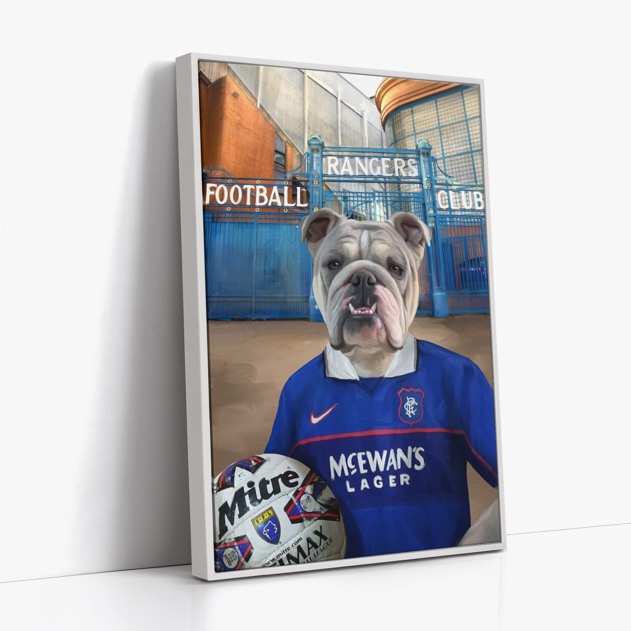 Your Pet in a Rangers 1997-99 Home Shirt outside Rangers Gates