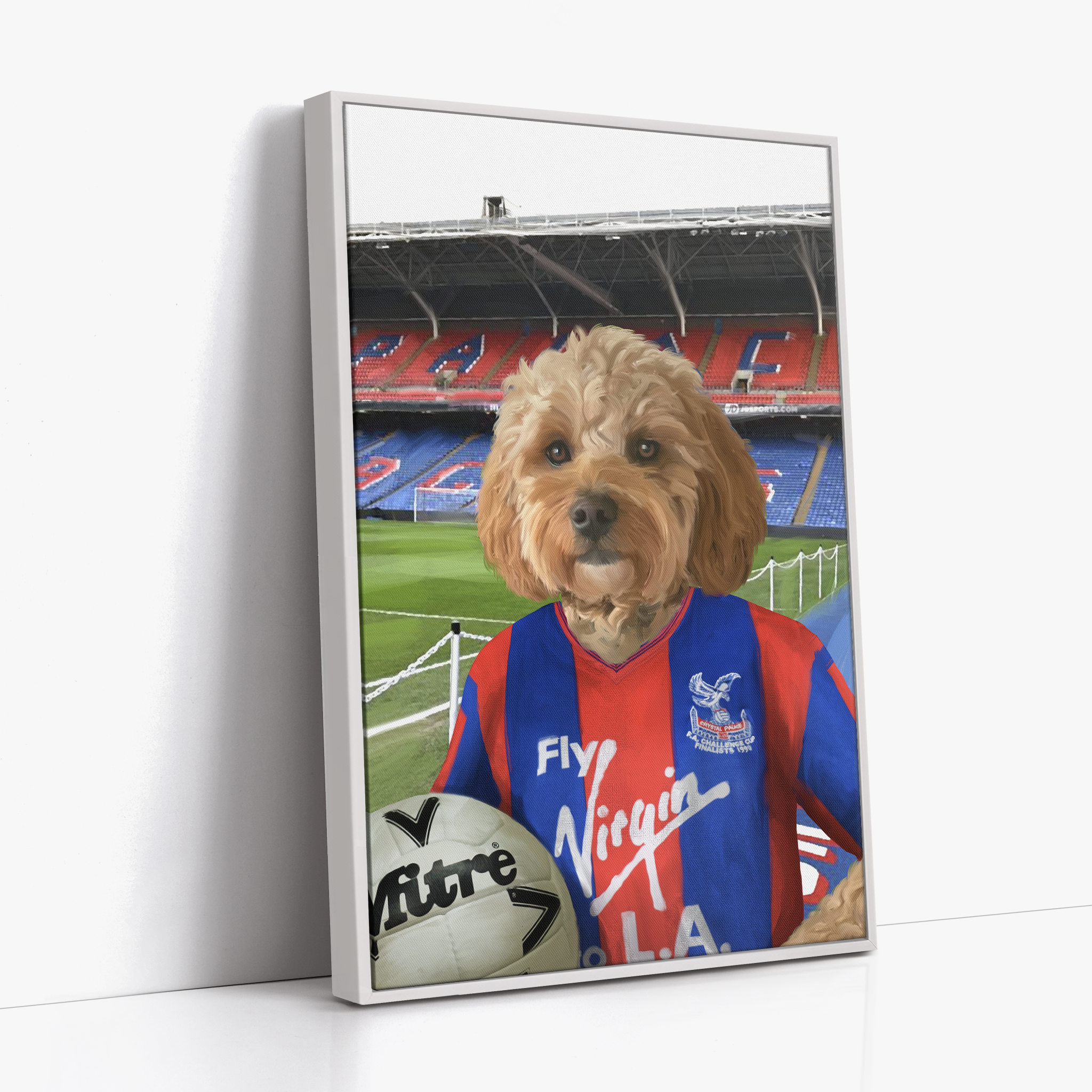 Your Pet in a Crystal Palace 1990 Home Shirt inside Selhurst Park